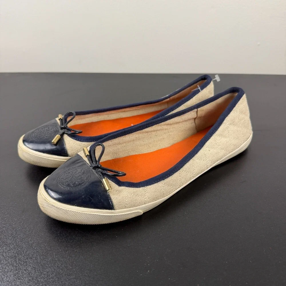 Tory Burch Ballet Flats Women's 10B Beige Blue Cap Toe Slip-On Career Casual